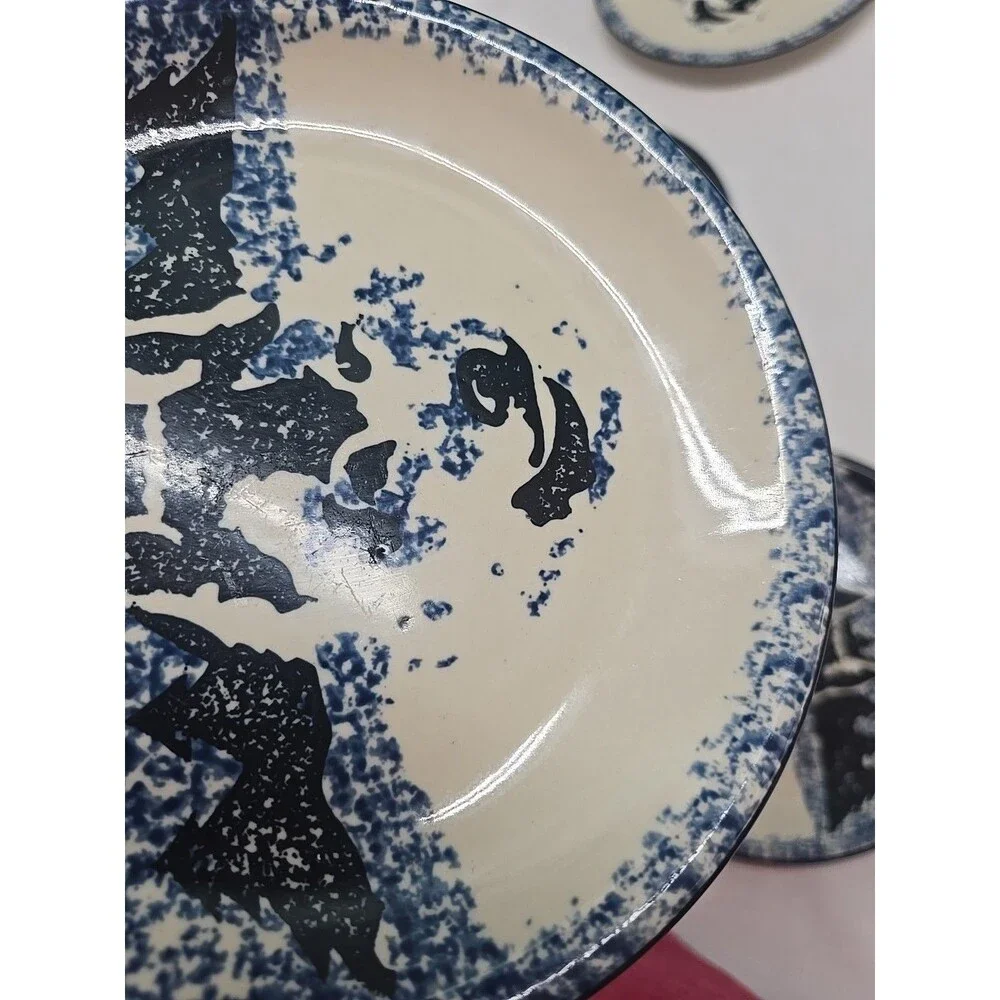 Set of 5 VTG WOLF by TIENSHAN FOLK CRAFT 7 5/8' Salad Dessert Plates Blue**READ*